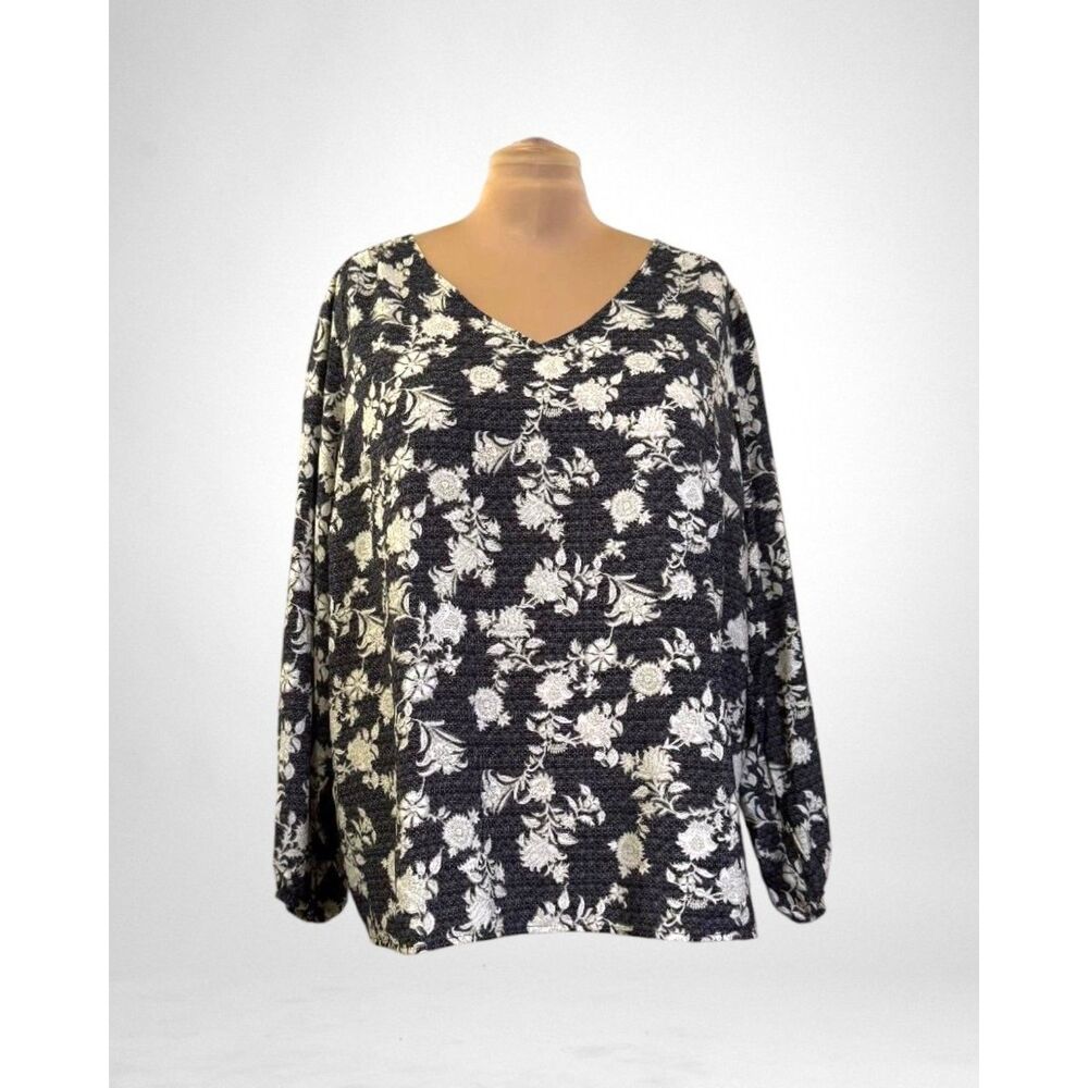 Peace Love World Boho Printed Pleat Back Black Print Blouse, NWOT! Size 3X